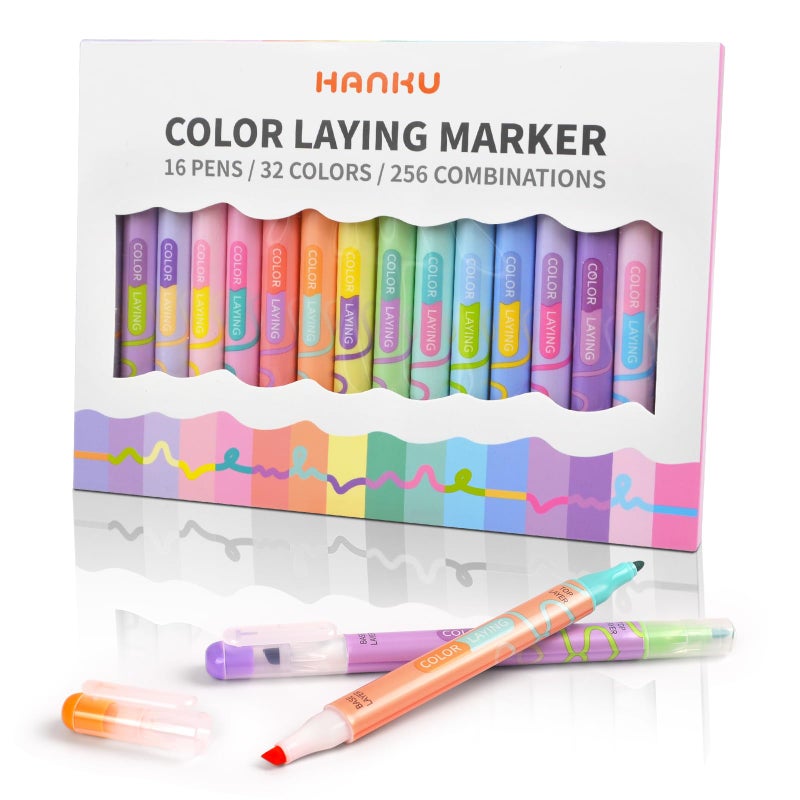 HANKU Color Layering Double Sided Markers 16pcs 32 Colors Dual Tip Magic Markers Broad and Fine Tips Color Changing Washable Markers DryQuickly NonToxic Pens for Bullet Journal Coloring Books - Image 2