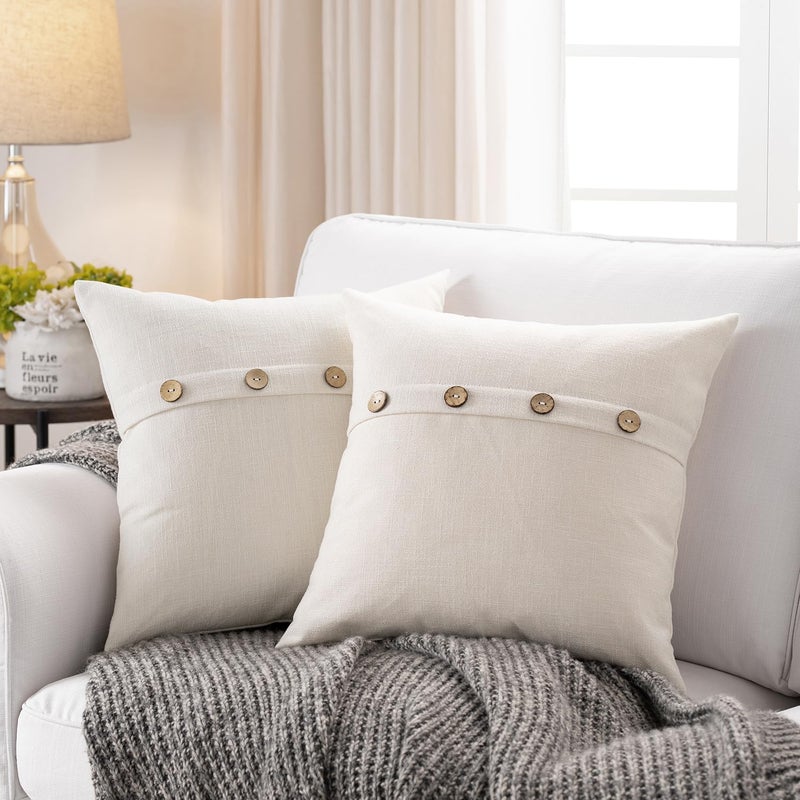 Meekio Set of 2 Ivory Square Pillow Covers 18 x 18 Farmhouse Boho Pillow Covers with Coconut Buttons for Sofa Couch Living Room Bedroom Farmhouse Dcor for The Home