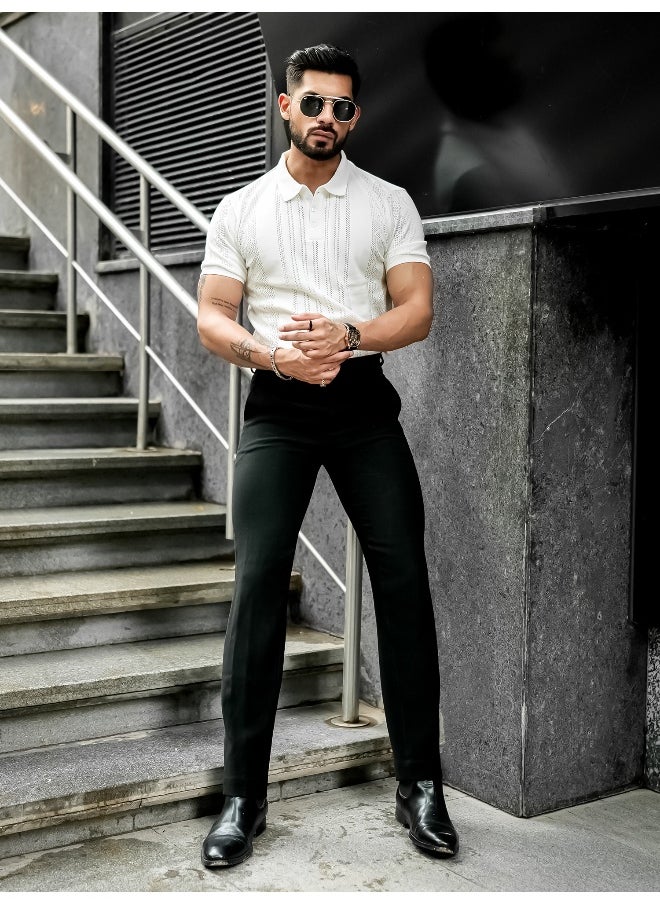 Maniac - Mens Solid Textured Polo Neck Half Sleeve White Cotton T-Shirt - Image 1