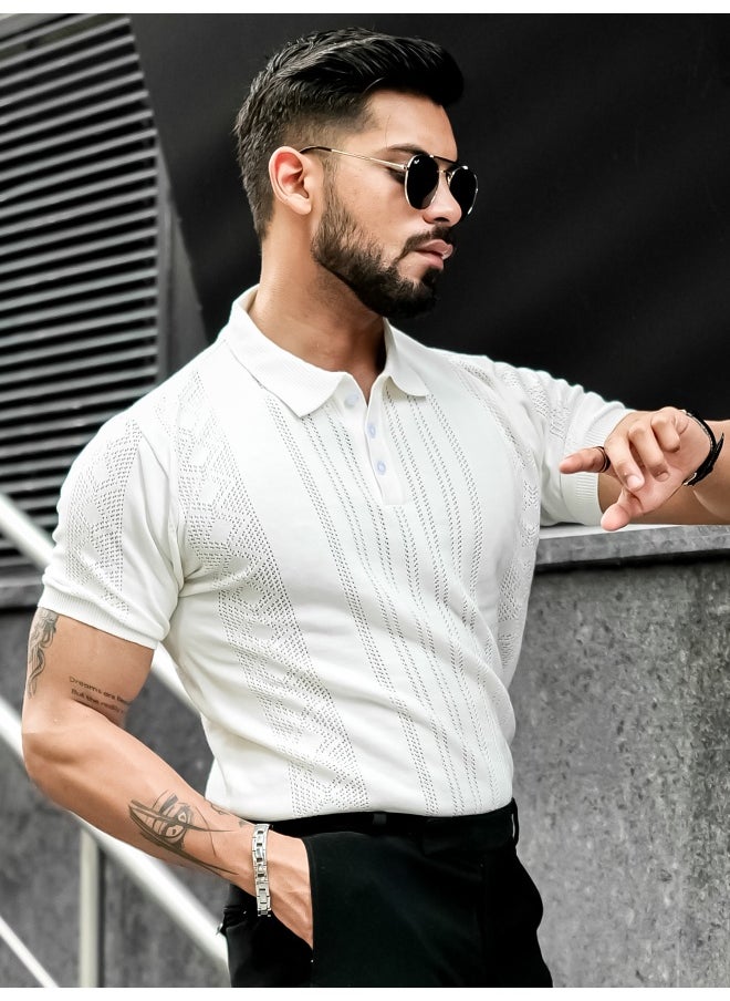 Maniac - Mens Solid Textured Polo Neck Half Sleeve White Cotton T-Shirt - Image 1