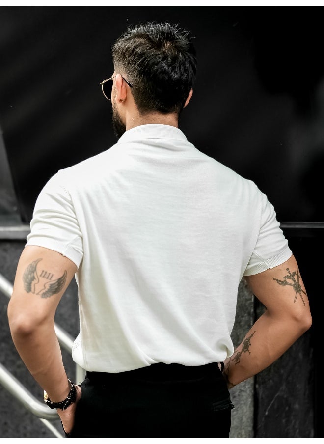 Maniac - Mens Solid Textured Polo Neck Half Sleeve White Cotton T-Shirt - Image 1