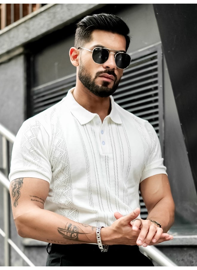 Maniac - Mens Solid Textured Polo Neck Half Sleeve White Cotton T-Shirt - Image 1