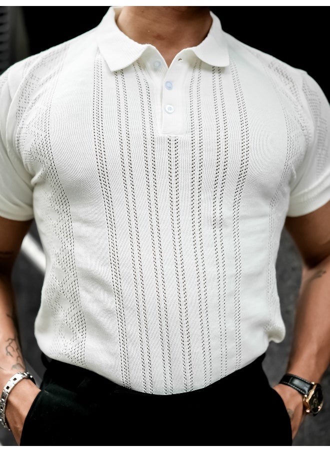 Maniac - Mens Solid Textured Polo Neck Half Sleeve White Cotton T-Shirt - Image 1
