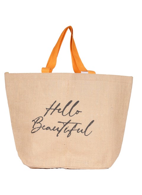 BYFT Natural Jute Bag with orange Handle (Hello Beautiful)