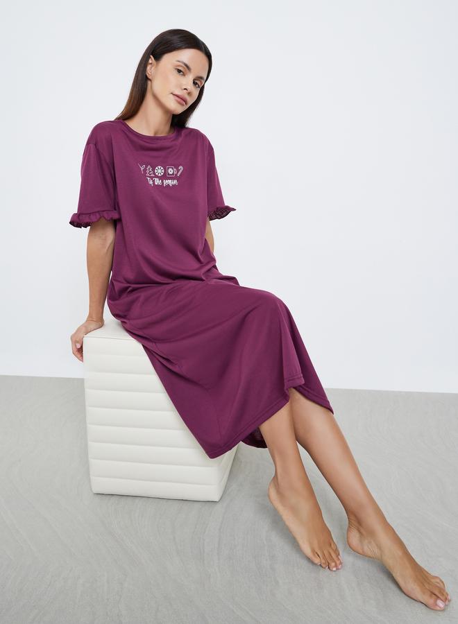Styli Tis The Season Print Ruffle Sleeve Sleep T-Shirt Dress - Image 1