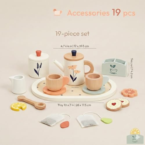 PairPear Wooden Tea Set for Kids 19Piece Pretend Tea Time Play Set with Tray Wooden Tea Toys for Toddlers Preschool Kids Ages 3 - Image 5