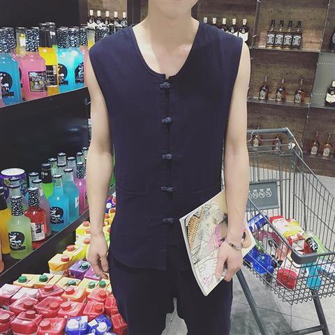 Summer Retro Chinese Style Buckle Cotton and Linen Vest Mens Tang Suit Hanfu Sweatshirt Youth Sleeveless T-Shirt Casual Waistcoat Navy blue - Image 1