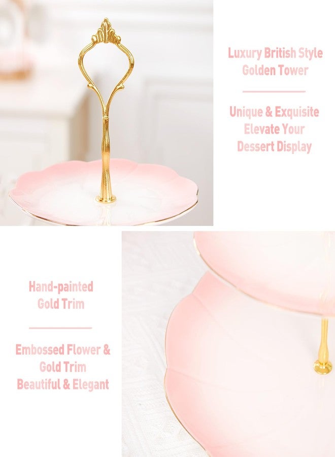 DUJUST Luxury Larger 3-Tier Cupcake Stand Tower, British Style Porcelain Serving Tray with Golden Trim, Food Grade Dessert Display Stand for Tea Party & Home Décor - 45% Gradient Pink Larger Plates - Image 3