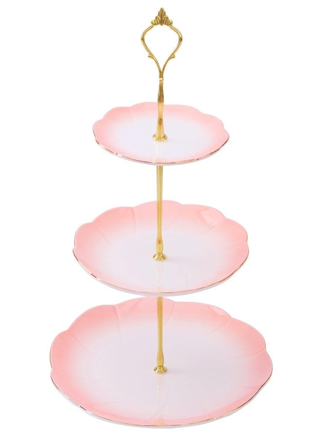 DUJUST Luxury Larger 3-Tier Cupcake Stand Tower, British Style Porcelain Serving Tray with Golden Trim, Food Grade Dessert Display Stand for Tea Party & Home Décor - 45% Gradient Pink Larger Plates - Image 1