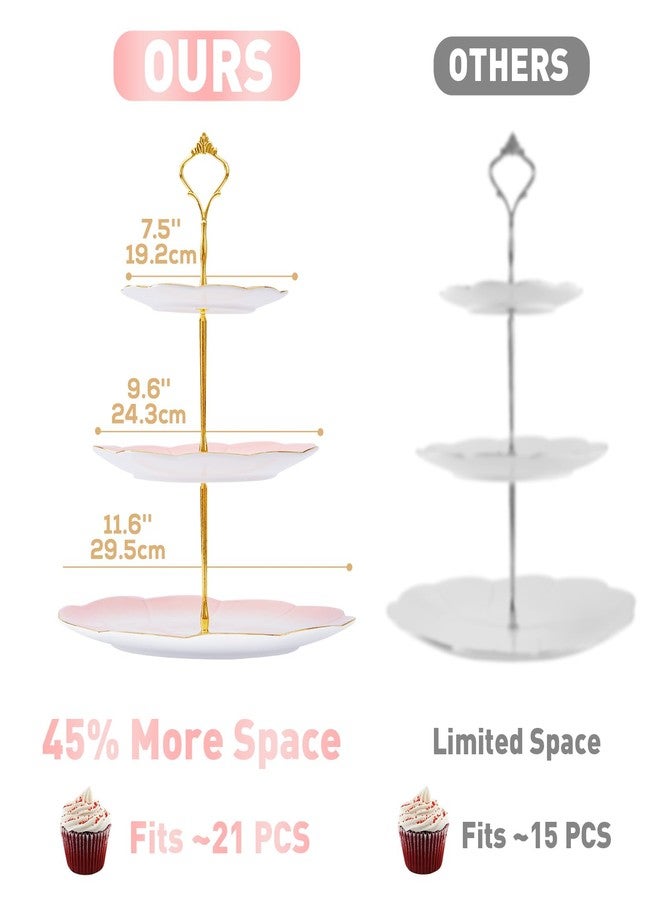 DUJUST Luxury Larger 3-Tier Cupcake Stand Tower, British Style Porcelain Serving Tray with Golden Trim, Food Grade Dessert Display Stand for Tea Party & Home Décor - 45% Gradient Pink Larger Plates - Image 5
