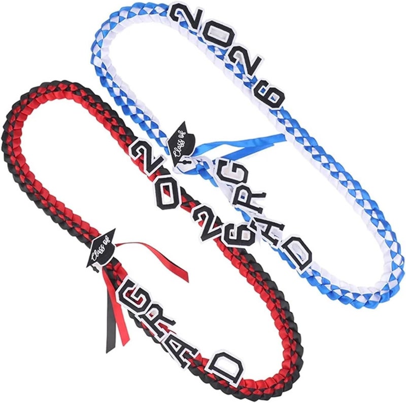 Graduation Leis 2pcs Graduation Leis Class of 2026 Grad Handmade Ribbon Lei Necklace with Letters(Blue White) - Image 5