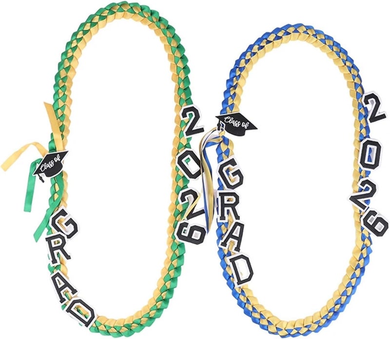 Graduation Leis 2pcs Graduation Leis Class of 2026 Grad Handmade Ribbon Lei Necklace with Letters(Blue White) - Image 4