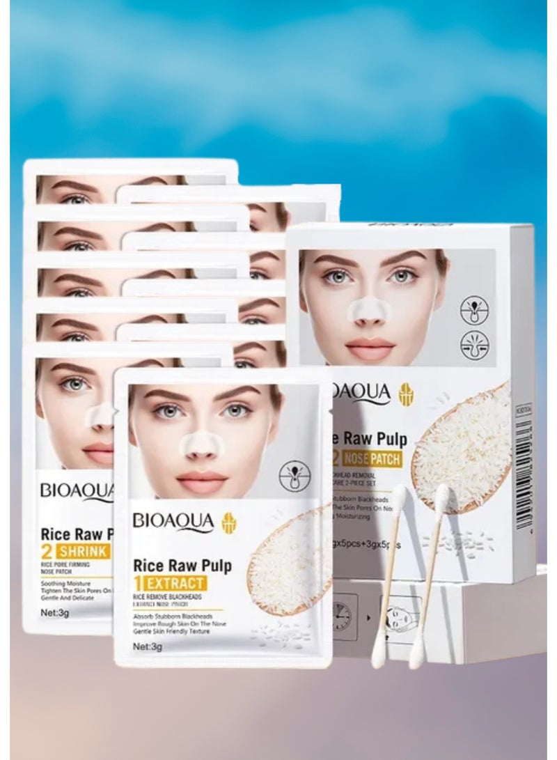 BIOAQUA 10Pcs Rice Blackhead Removal Firming Care 2 Piece Set 1+2 Nose Patch 5 Peace Rice Raw Pulp Extract and 5 Peace Shrink Nourishes Skin Moisturizes Contraction Cleansing Oil Control Skin Care Set Nose Patch - Image 1