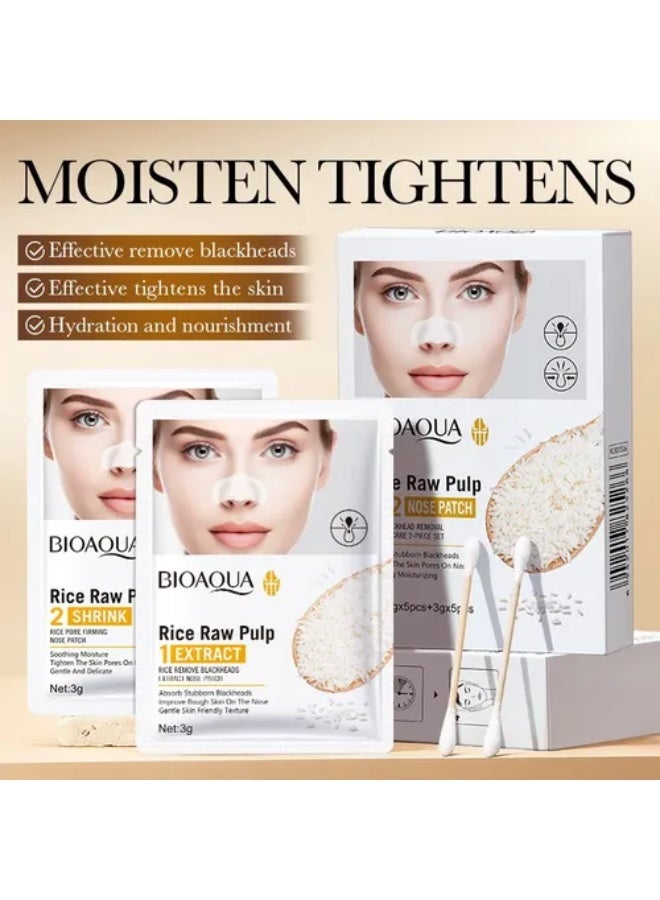 BIOAQUA 10Pcs Rice Blackhead Removal Firming Care 2 Piece Set 1+2 Nose Patch 5 Peace Rice Raw Pulp Extract and 5 Peace Shrink Nourishes Skin Moisturizes Contraction Cleansing Oil Control Skin Care Set Nose Patch - Image 3