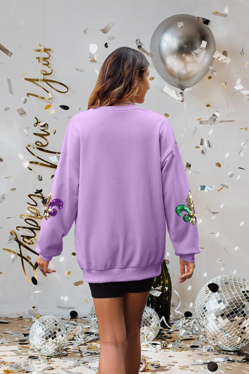 LUKYCILD Mardi Gras Sweatshirt Women Stripes Fat Tuesday Shirt Mask Graphic Carnival Long Sleeve Tee New Orleans Party Top Light Purple - Image 5
