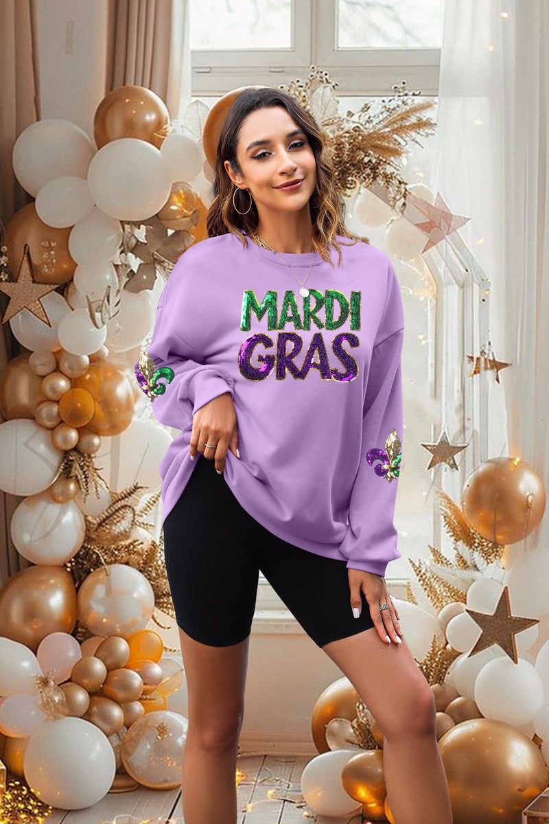 LUKYCILD Mardi Gras Sweatshirt Women Stripes Fat Tuesday Shirt Mask Graphic Carnival Long Sleeve Tee New Orleans Party Top Light Purple - Image 2