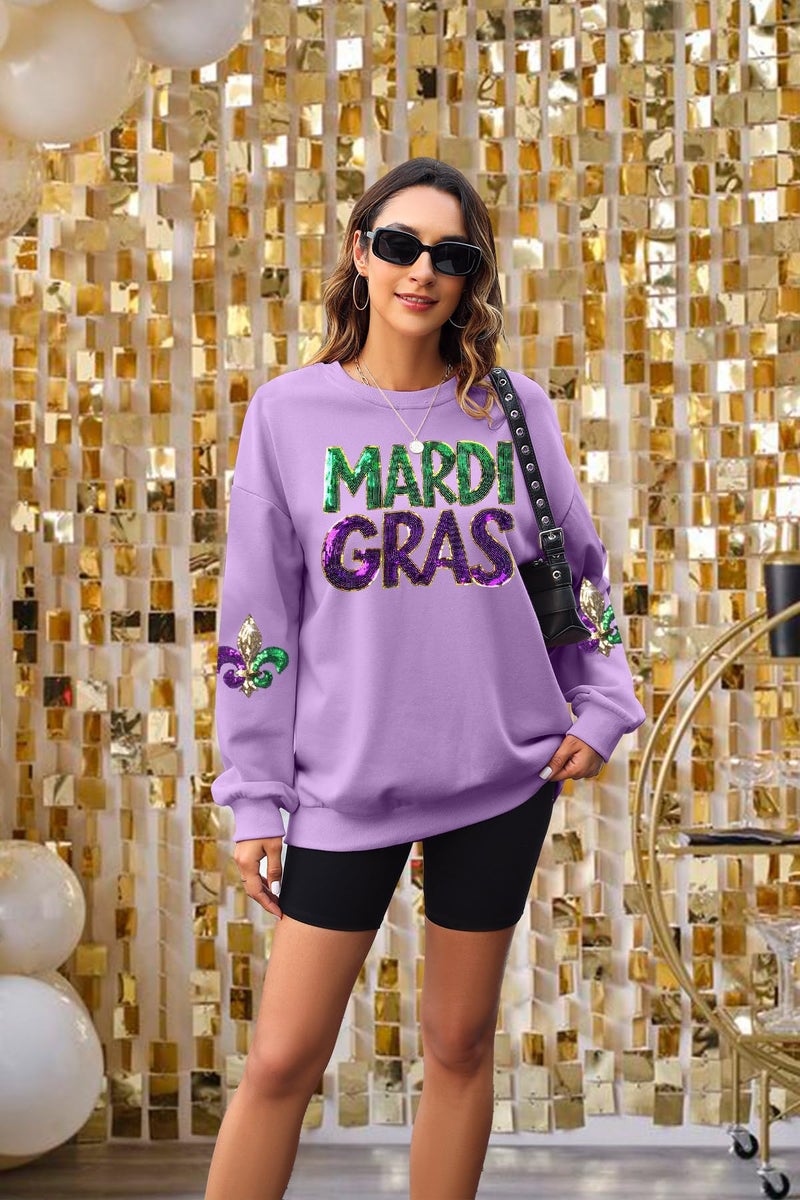 LUKYCILD Mardi Gras Sweatshirt Women Stripes Fat Tuesday Shirt Mask Graphic Carnival Long Sleeve Tee New Orleans Party Top Light Purple - Image 4