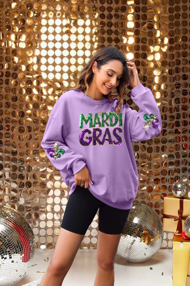 LUKYCILD Mardi Gras Sweatshirt Women Stripes Fat Tuesday Shirt Mask Graphic Carnival Long Sleeve Tee New Orleans Party Top Light Purple - Image 3