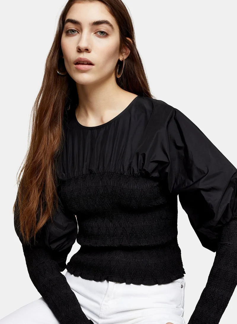 TOPSHOP Shirred Crew Neck Top