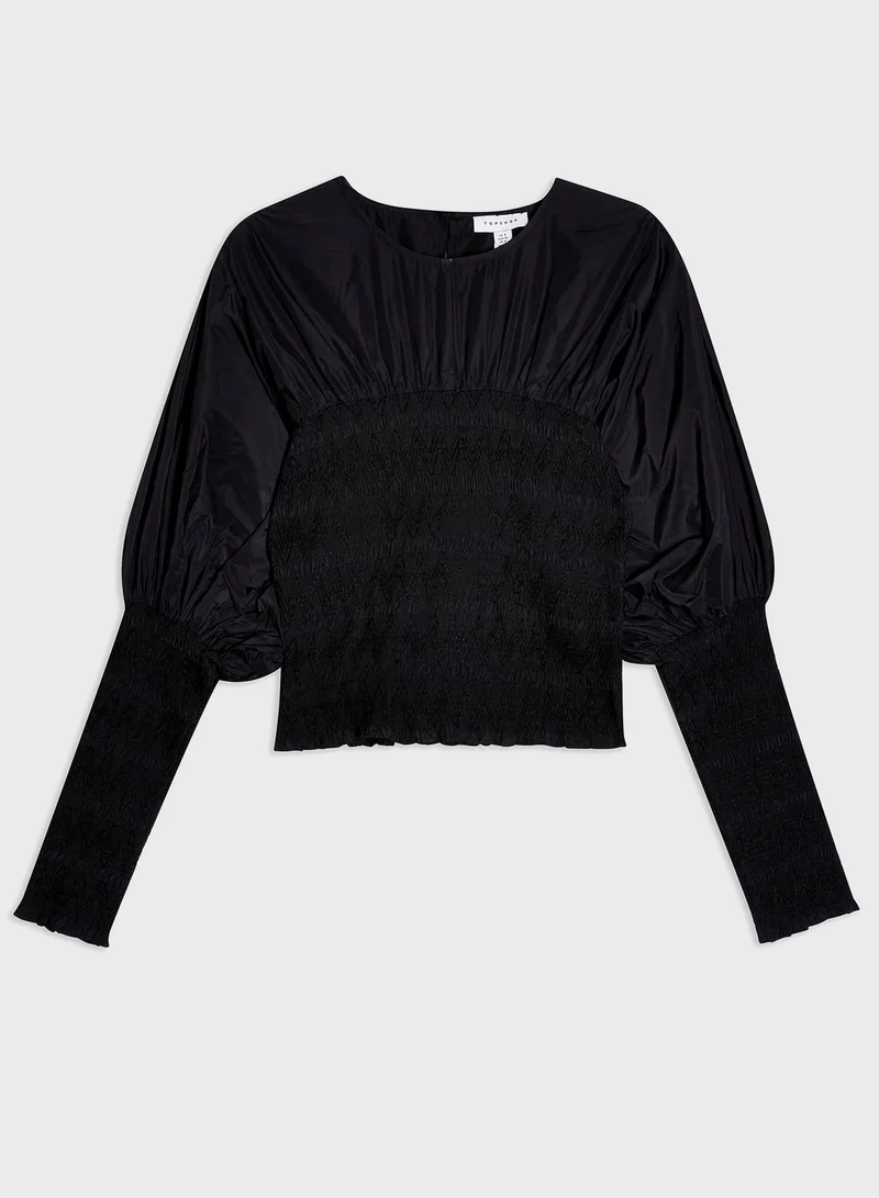 TOPSHOP Shirred Crew Neck Top