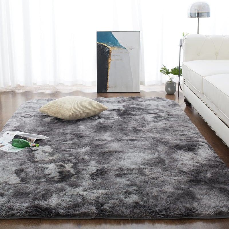 CHOSHOME Rugs Living Room Large Soft Touch Rug Antiskid Shaggy Rug Fluffy Bedroom Rugs Modern Tiedye Carpet for Bedroom Area Rooms Dark Grey Black 120x180cm