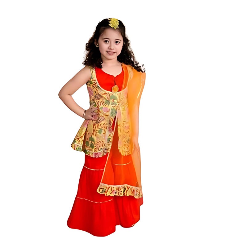 Naixa Girl's Rayon Printed Pattern Kurta Sharara Dupatta Set with Sleeveless Round Neck and Elastic Closure Type| Kurta Sharara Set for Girl's - Image 5