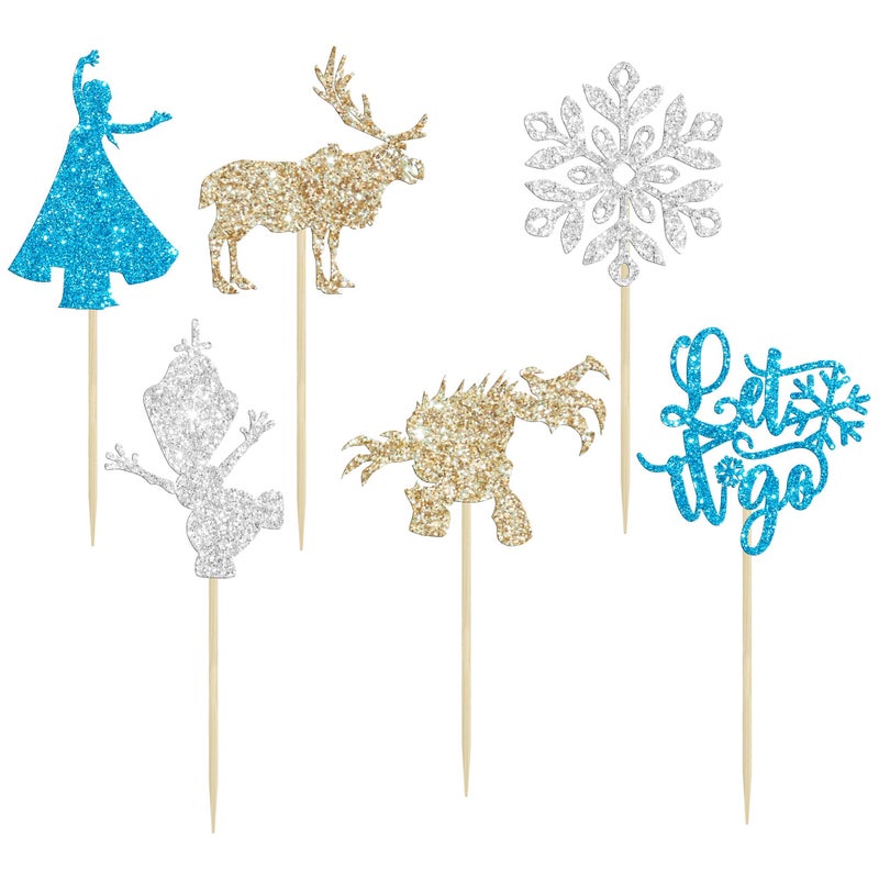 Ephlyn 24Pcs Snowflake Cupcake Toppers Glitter Winter Frozen Theme Snowflake Deer Princess Cupcake Pick Decorations for Winter Wonderland Baby Shower Birthday Xmas Party Supplies - Image 3