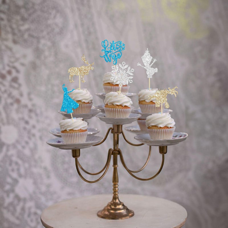 Ephlyn 24Pcs Snowflake Cupcake Toppers Glitter Winter Frozen Theme Snowflake Deer Princess Cupcake Pick Decorations for Winter Wonderland Baby Shower Birthday Xmas Party Supplies - Image 5