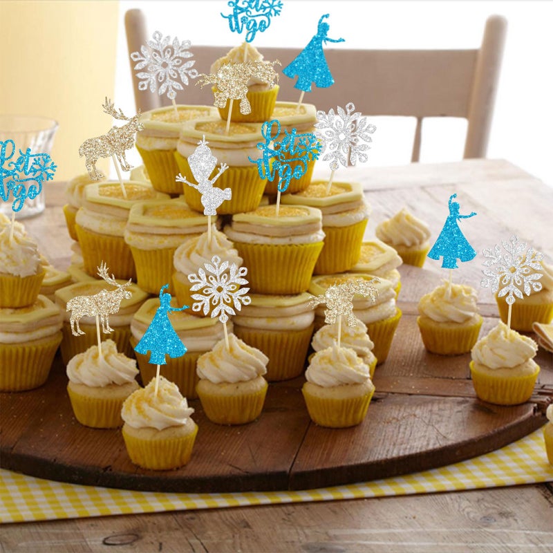 Ephlyn 24Pcs Snowflake Cupcake Toppers Glitter Winter Frozen Theme Snowflake Deer Princess Cupcake Pick Decorations for Winter Wonderland Baby Shower Birthday Xmas Party Supplies - Image 4