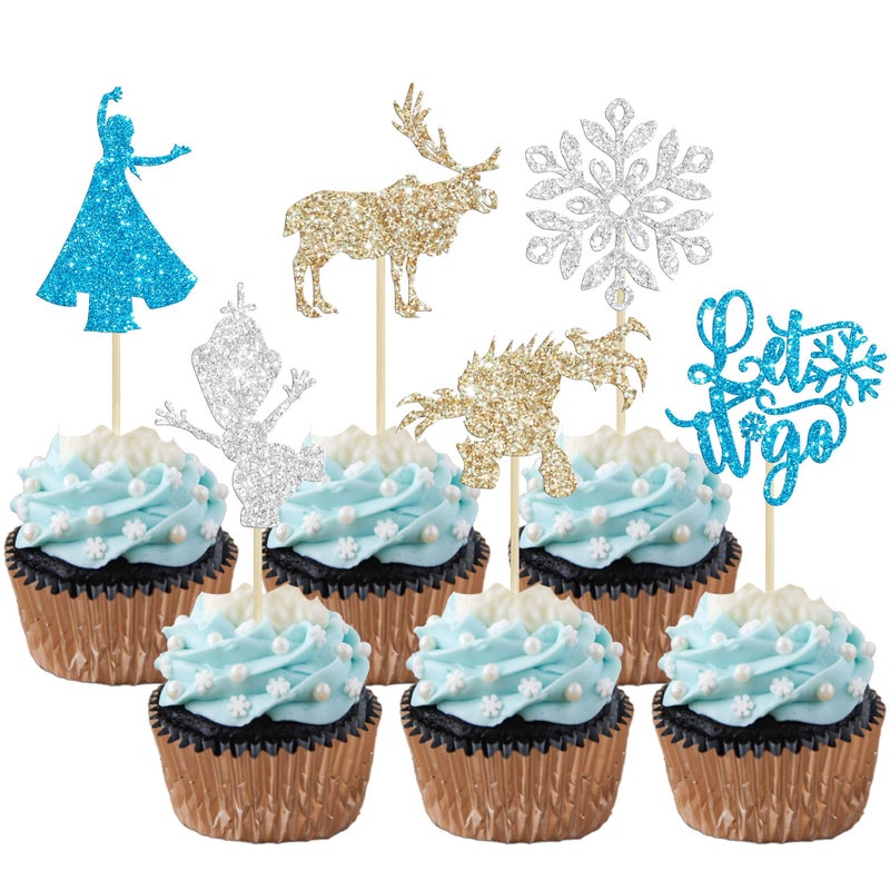 Ephlyn 24Pcs Snowflake Cupcake Toppers Glitter Winter Frozen Theme Snowflake Deer Princess Cupcake Pick Decorations for Winter Wonderland Baby Shower Birthday Xmas Party Supplies - Image 1
