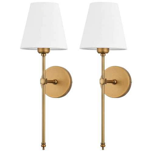 Bsmathom Wall Sconces Sets of 2, Hardwired Classic Brushed Brass Sconces Wall Lighting, Bathroom Vanity Light Fixture with Fabric Shade for Bedroom Living Room Hallway Kitchen, Gold - Image 1