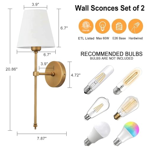 Bsmathom Wall Sconces Sets of 2, Hardwired Classic Brushed Brass Sconces Wall Lighting, Bathroom Vanity Light Fixture with Fabric Shade for Bedroom Living Room Hallway Kitchen, Gold - Image 3