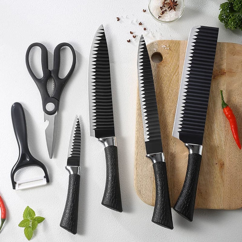 YAAXA Professional HighCarbon Stainless Steel 6 Pieces Kitchen Knives Set 4 Stainless Steel Knives Scissorsand Peeler Black Ergonomic Handles - Image 1