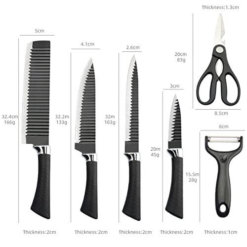 YAAXA Professional HighCarbon Stainless Steel 6 Pieces Kitchen Knives Set 4 Stainless Steel Knives Scissorsand Peeler Black Ergonomic Handles - Image 3