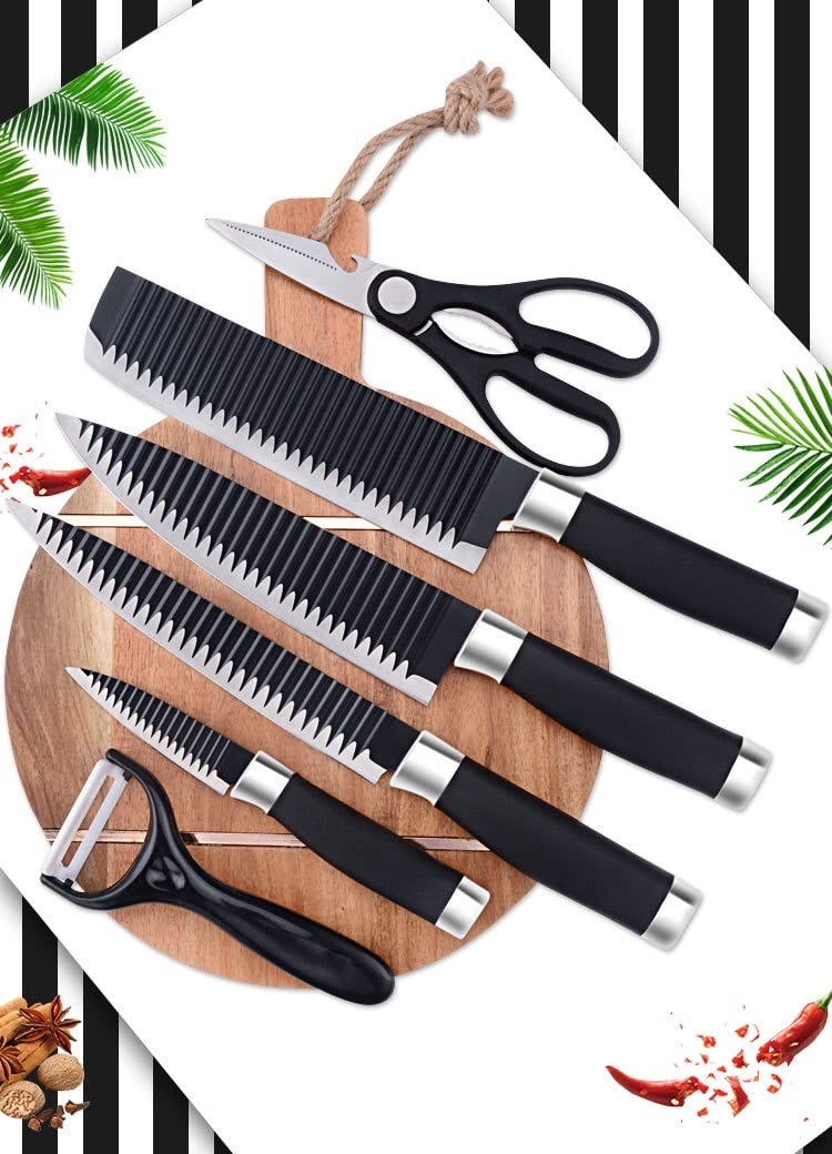 YAAXA Professional HighCarbon Stainless Steel 6 Pieces Kitchen Knives Set 4 Stainless Steel Knives Scissorsand Peeler Black Ergonomic Handles - Image 2