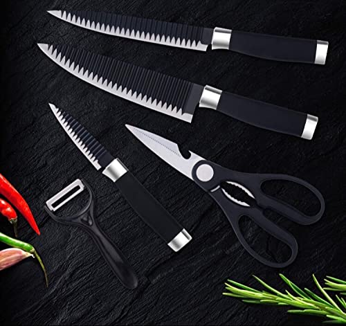 YAAXA Professional HighCarbon Stainless Steel 6 Pieces Kitchen Knives Set 4 Stainless Steel Knives Scissorsand Peeler Black Ergonomic Handles - Image 4