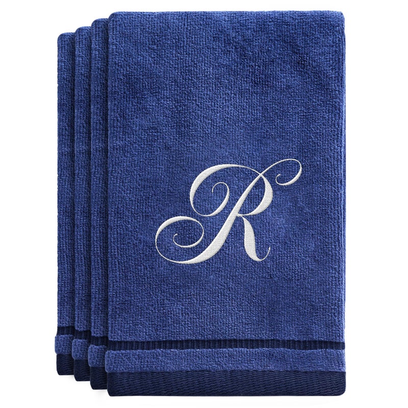 Creative Scents Navy Blue Monogrammed Towels with Initials - 4 Pack Super Absorbent Bathroom Fingertip Cotton Towel with Soft Velour Finish - Personalized Gifts for Freinds & Family 11"x18" Initial R - Image 1