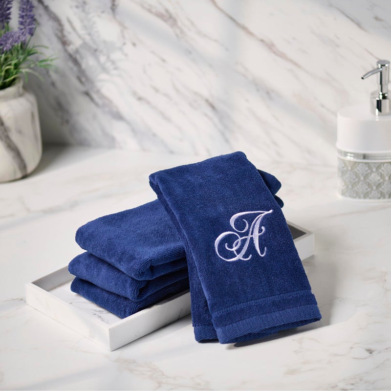 Creative Scents Navy Blue Monogrammed Towels with Initials - 4 Pack Super Absorbent Bathroom Fingertip Cotton Towel with Soft Velour Finish - Personalized Gifts for Freinds & Family 11"x18" Initial R - Image 3