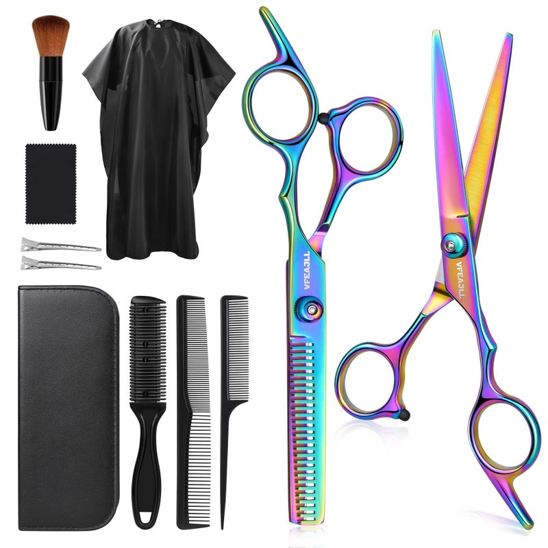 VFAEJLL Hair Cutting Scissors Kits,11Pcs Professional Haircut Scissors Kit with Comb,Clips,Cape,New Craftsmanship Stainless Steel Hairdressing Thinning Shears Set for Barber,Salon,Home,Men,Women - Image 1