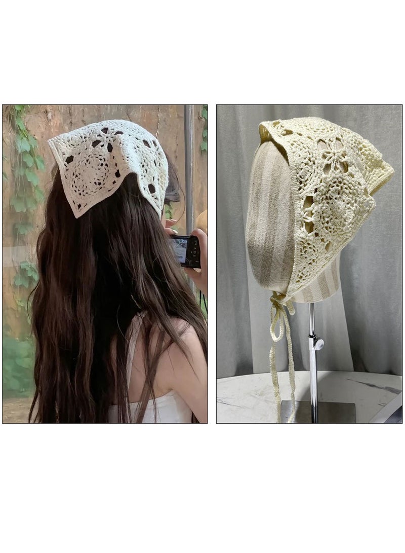 2 Pcs Boho Knitted Headscarf Daisy Floral Crochet Head Bandana Vintage Kerchief for Women Girls - Image 4