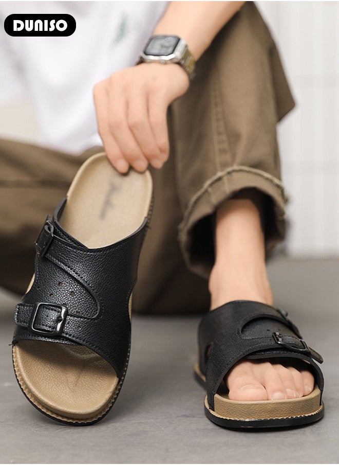 DUNISO Fashion Men Footwear Flat Slipper Comfortable Men's Slippers Lightweight Flat Sandal For Men Casual Leather Slipper for Indoor Outdoor  - Image 4
