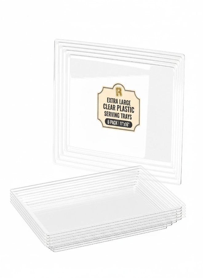 R-kay 6 Pack Extra Large Plastic Serving Trays for Party - 16 x 11 Clear Plastic Tray - Heavy Duty Trays for Food - Rectangular Party Serving Trays and Platters (Clear) - Image 1