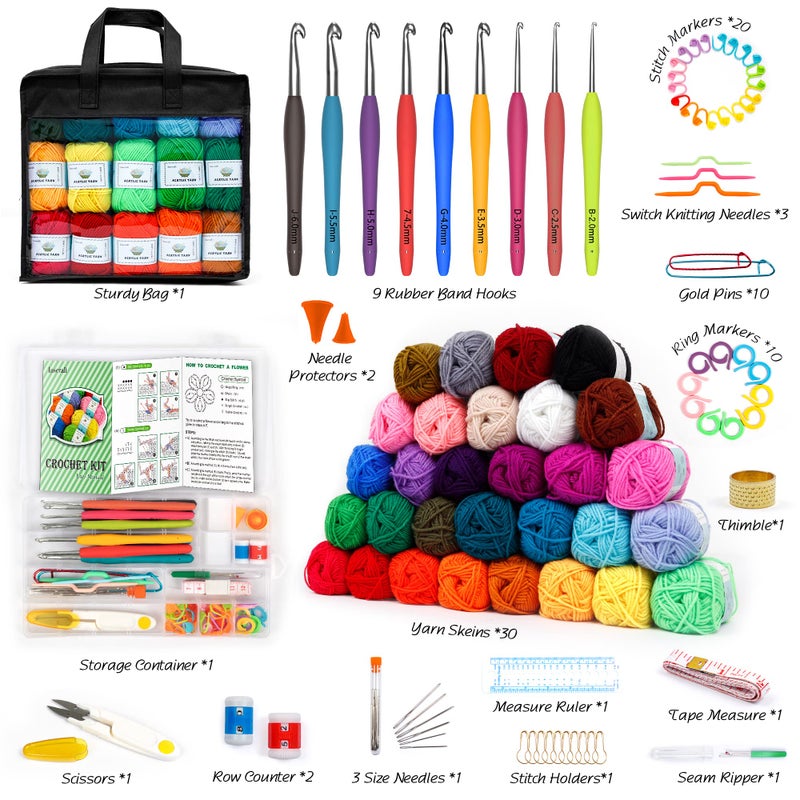 Inscraft 103 PCS Crochet Kit with Crochet Hooks Yarn Set, Premium Bundle Includes 1650 Yards Acrylic Yarn Skeins Balls, Needles, Accessories, Bag, Ideal Starter Pack for Kids Adults Beginner Professionals - Image 2