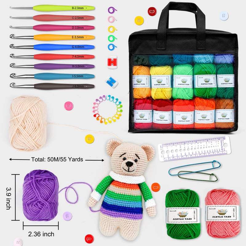 Inscraft 103 PCS Crochet Kit with Crochet Hooks Yarn Set, Premium Bundle Includes 1650 Yards Acrylic Yarn Skeins Balls, Needles, Accessories, Bag, Ideal Starter Pack for Kids Adults Beginner Professionals - Image 3