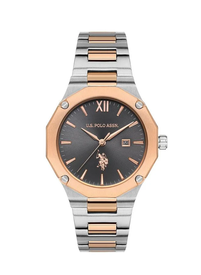 U.S. Polo Assn. U.S. Polo Assn. Stile 36mm Ladies' Dark Gradient Grey Dial Watch with Two-Tone Rose Gold & Silver Band - Timeless Elegance