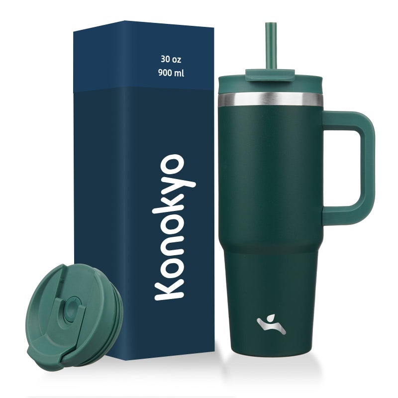 Konokyo 30 oz Tumbler with Handle and 2 Straws,2 in 1 Lid Insulated Water Bottle Stainless Steel Travel Coffee Mug,Dark Green - Image 1