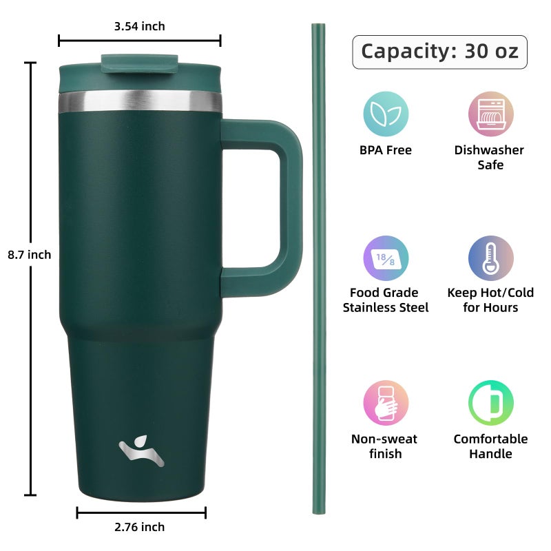Konokyo 30 oz Tumbler with Handle and 2 Straws,2 in 1 Lid Insulated Water Bottle Stainless Steel Travel Coffee Mug,Dark Green - Image 4