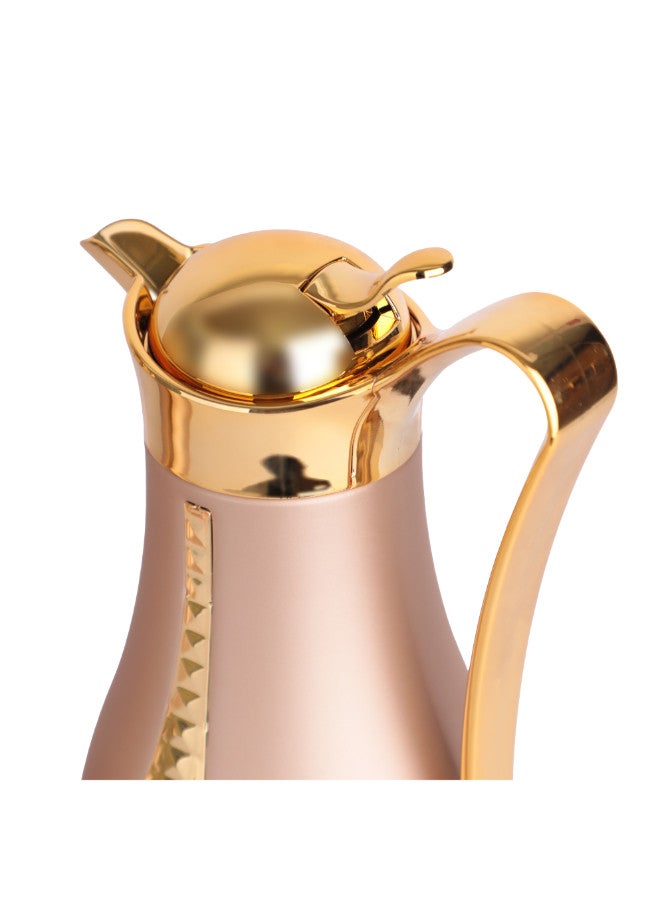 Soleter 2 Piece Flask Set Crystal Design Vacuum  With Metal Body Glass Insert 1 Liter  Wide Mouth With Anti-Leakage Cap  Gold And  Chrome Color - Image 1