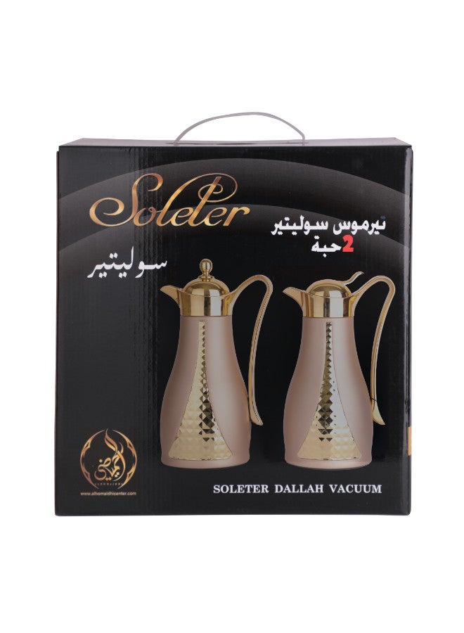 Soleter 2 Piece Flask Set Crystal Design Vacuum  With Metal Body Glass Insert 1 Liter  Wide Mouth With Anti-Leakage Cap  Gold And  Chrome Color - Image 3