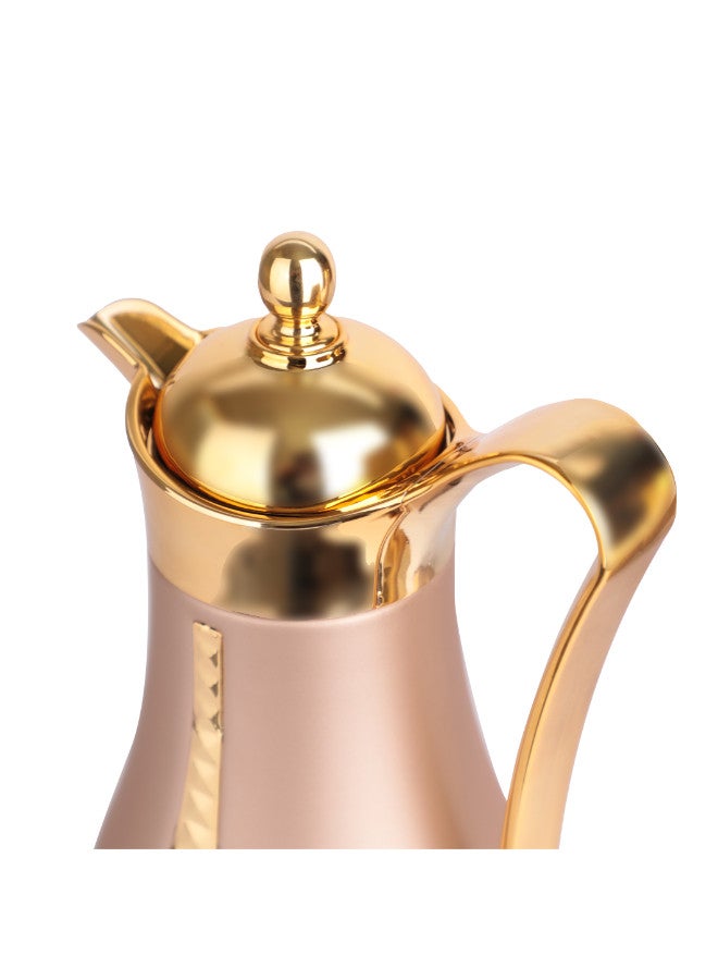 Soleter 2 Piece Flask Set Crystal Design Vacuum  With Metal Body Glass Insert 1 Liter  Wide Mouth With Anti-Leakage Cap  Gold And  Chrome Color - Image 2